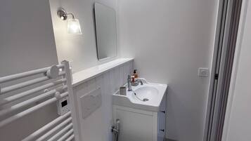 Een kleine badkamer met een toilet, een wastafel, een spiegel en een handdoekhouder.