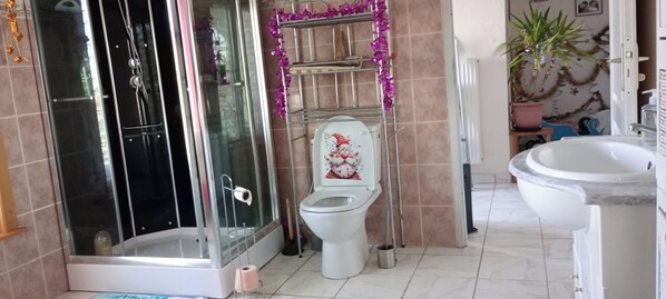 Shower, hair dryer, towels, toilet paper