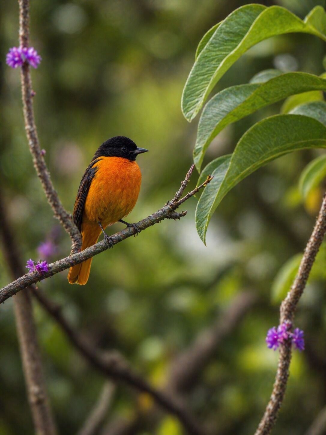 Un pájaro posado en una rama con hojas verdes y flores moradas.
