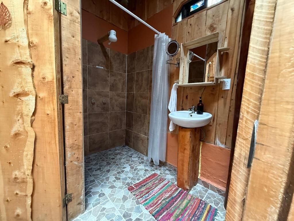 A bathroom with a shower, a sink, and a mirror.