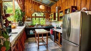 A kitchen with wooden cabinets, a stainless steel refrigerator, and a window overlooking greenery. - Casa Colibri Chirripo (Rivas)