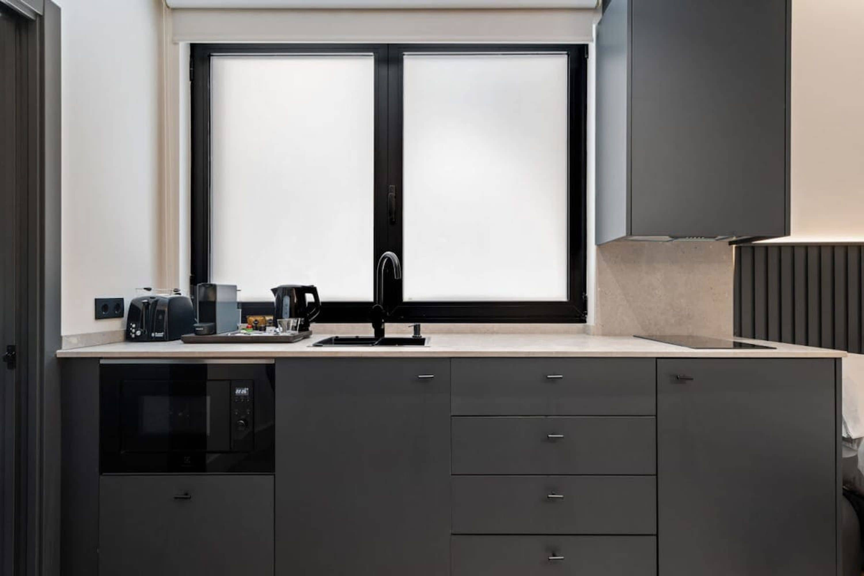 Una cocina moderna con un lavamanos doble, una cafetera y un microondas.