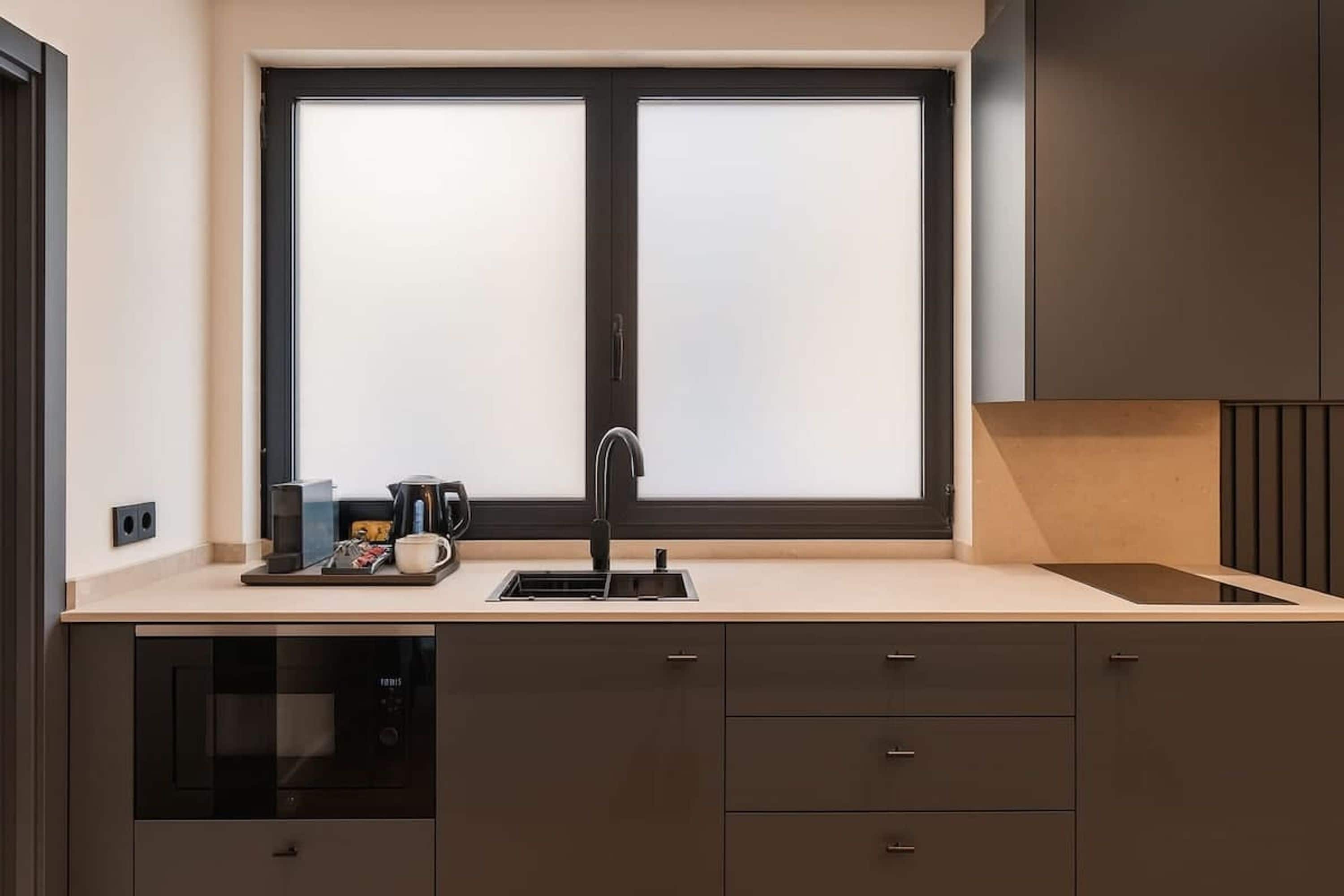 A modern kitchen with a double sink, a coffee maker, and a microwave.