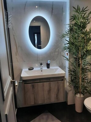 Une salle de bain avec un mur en marbre, un meuble en bois, un lavabo avec un miroir et une plante en pot.