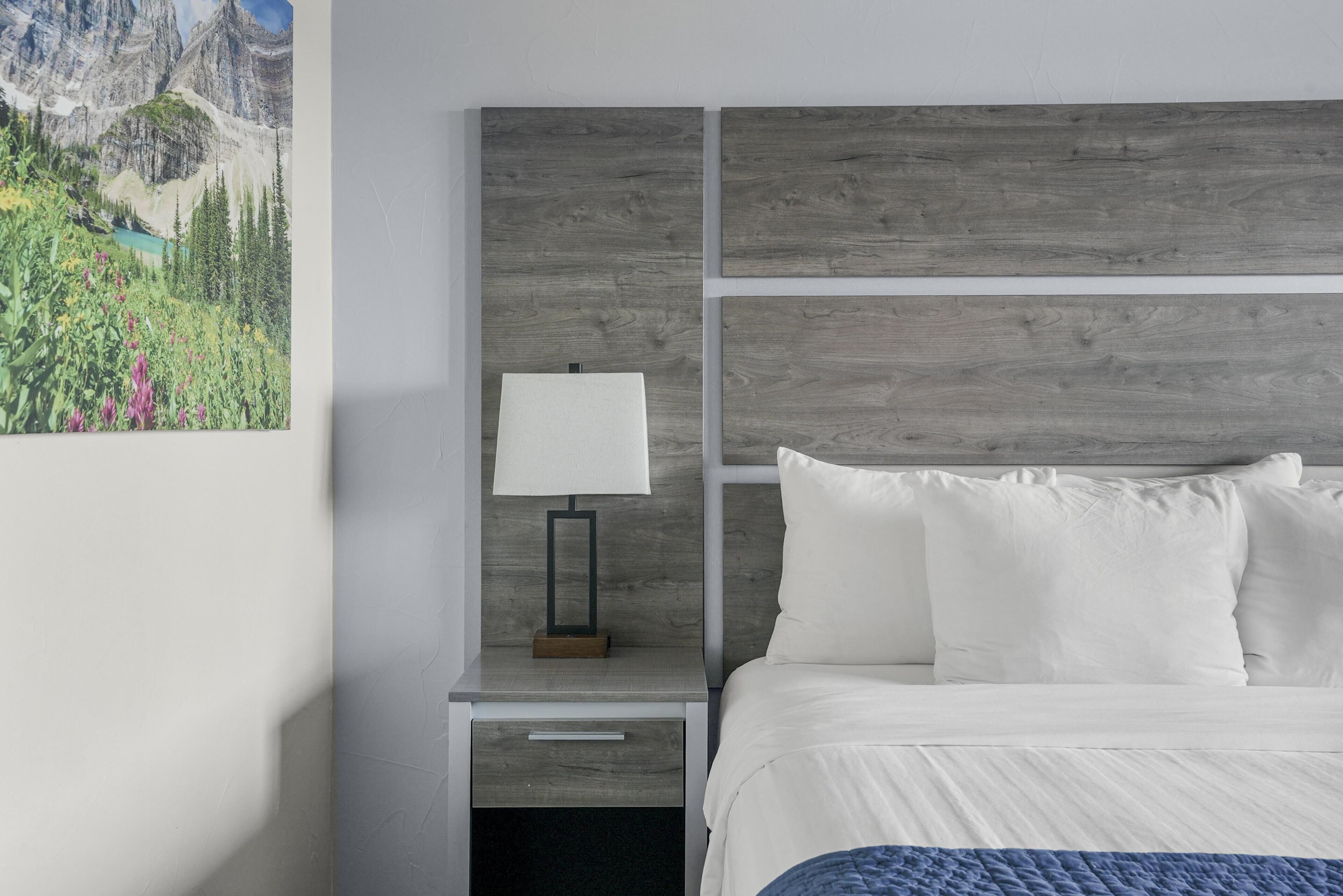 A hotel room with a bed, a nightstand with a lamp, a drawer, and a painting of a mountain landscape.