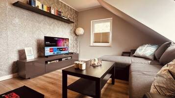 Fernseher, DVD-Player, Bücher, Stereoanlage