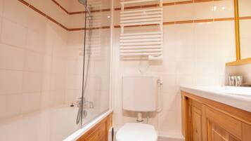 Een badkamer met een douche met glazen wand, een toilet en een wastafel.