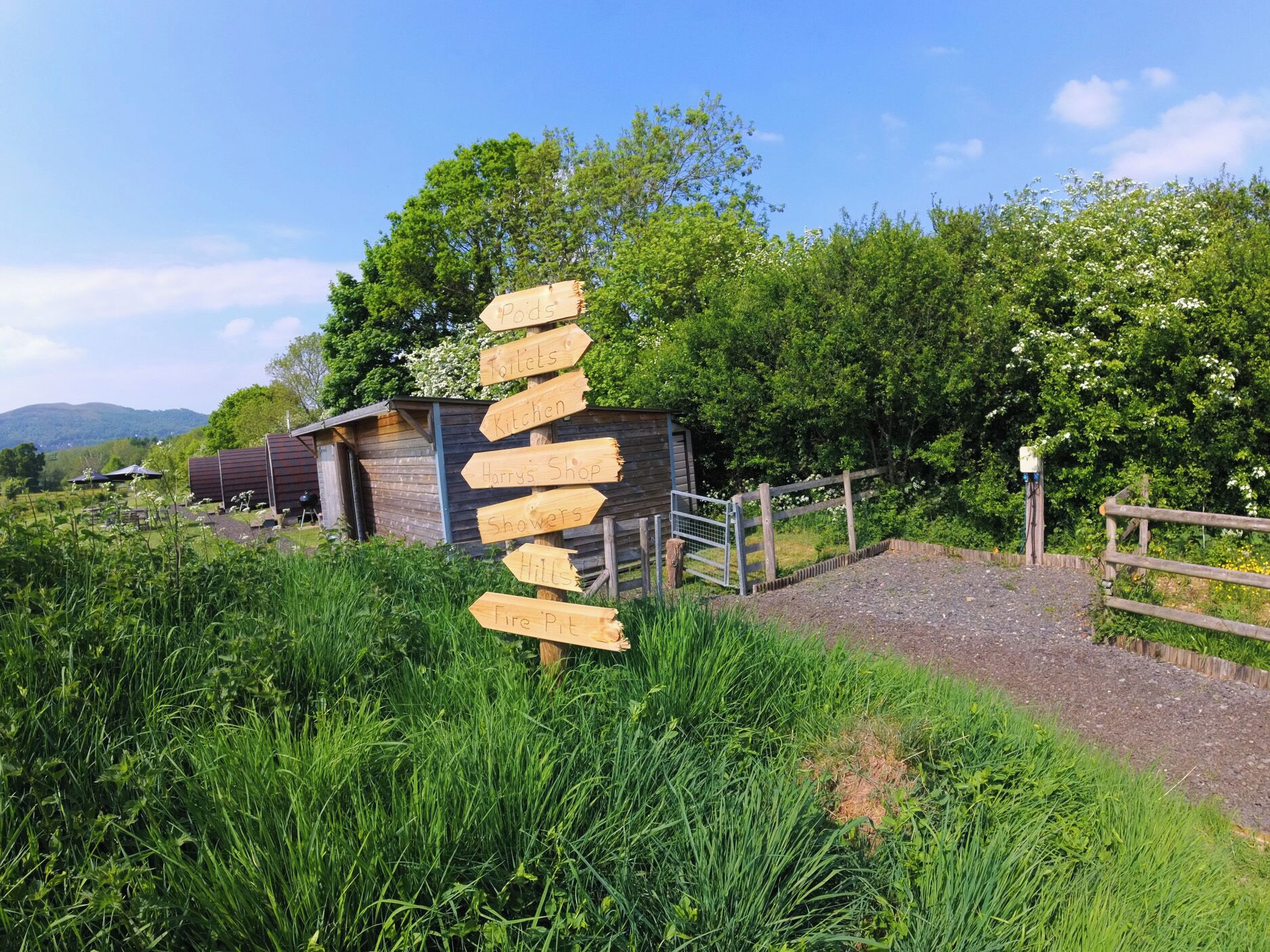 A rustic wooden signpost with directional arrows pointing to various amenities such as toilets, a kitchen, a shop, showers, hills, and a fire pit.
