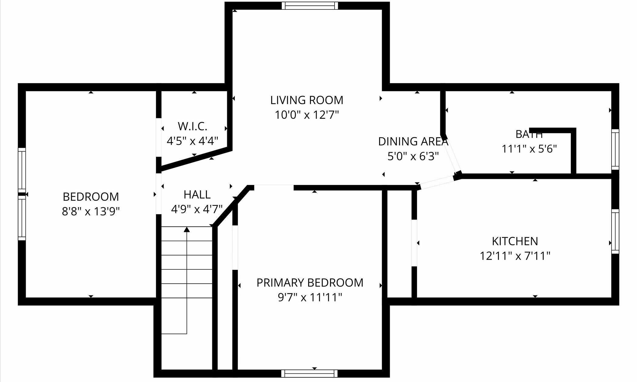 A floor plan with a bedroom, living room, dining area, kitchen, bathroom, primary bedroom, and hall.