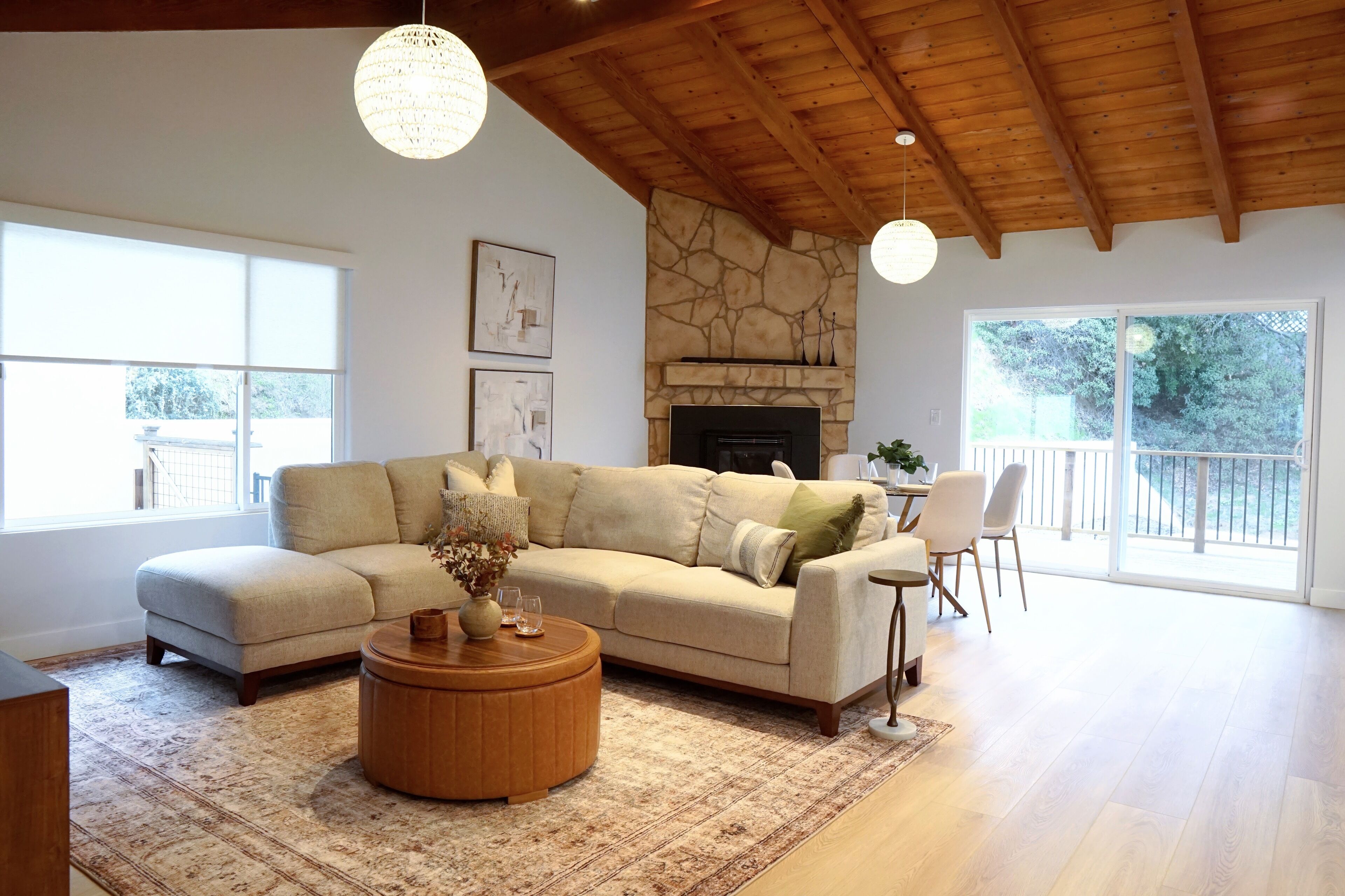 Smart TV, fireplace, books, stereo