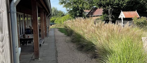 A covered outdoor area with a gravel path, wooden structures, and a grassy area with tall plants.
