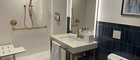 Un baño con ducha de vidrio, un lavamanos blanco con grifo dorado, un espejo grande y un inodoro.