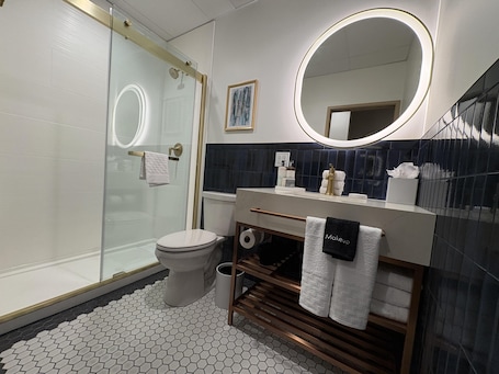A modern bathroom with a glass shower enclosure, a toilet, a vanity with a mirror, and a hexagonal tiled floor.. Aiden By Best Western Kansas City Downtown