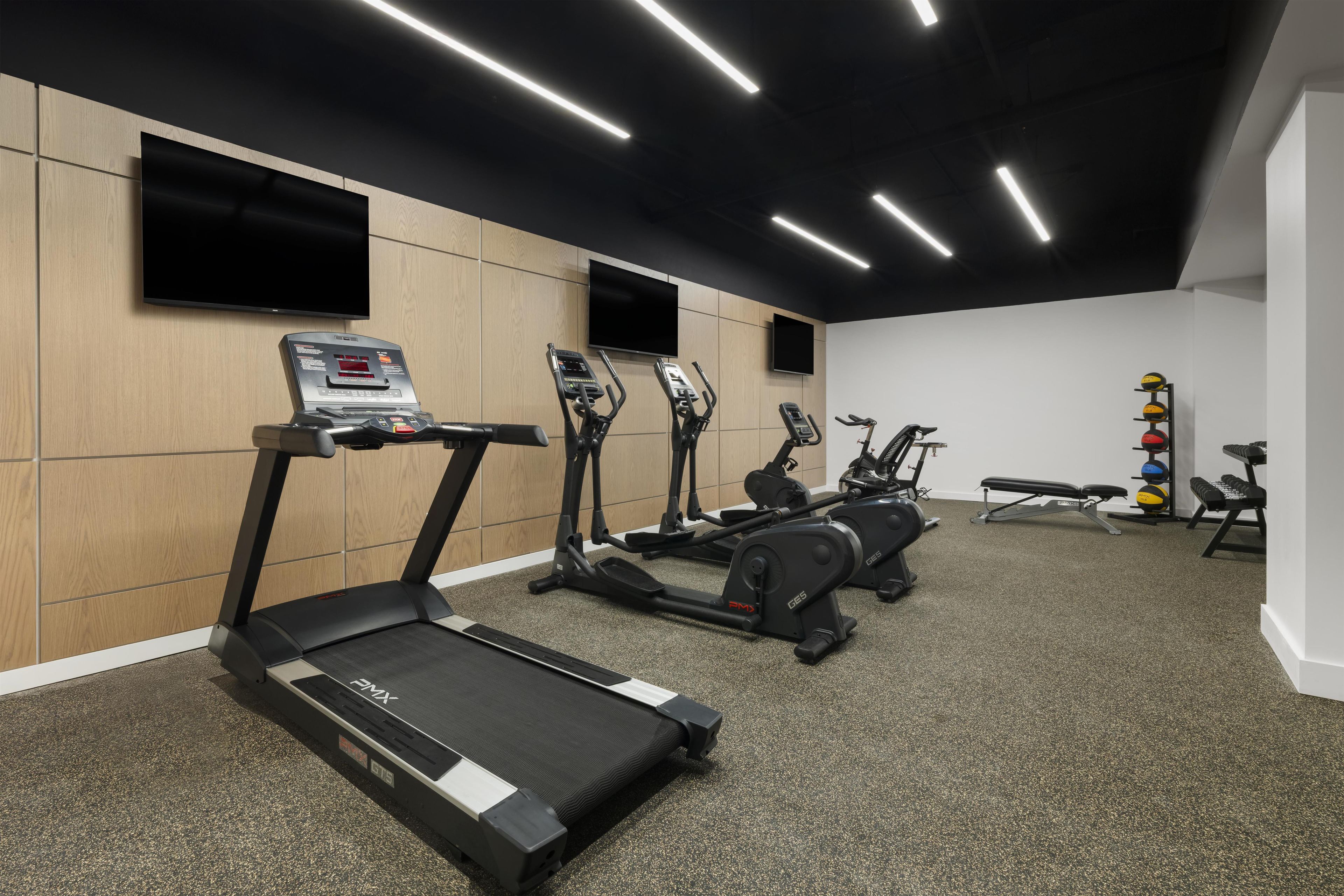 A gym with treadmills, elliptical machines, and a bench press.