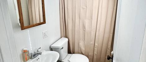 Hair dryer, towels, soap, toilet paper