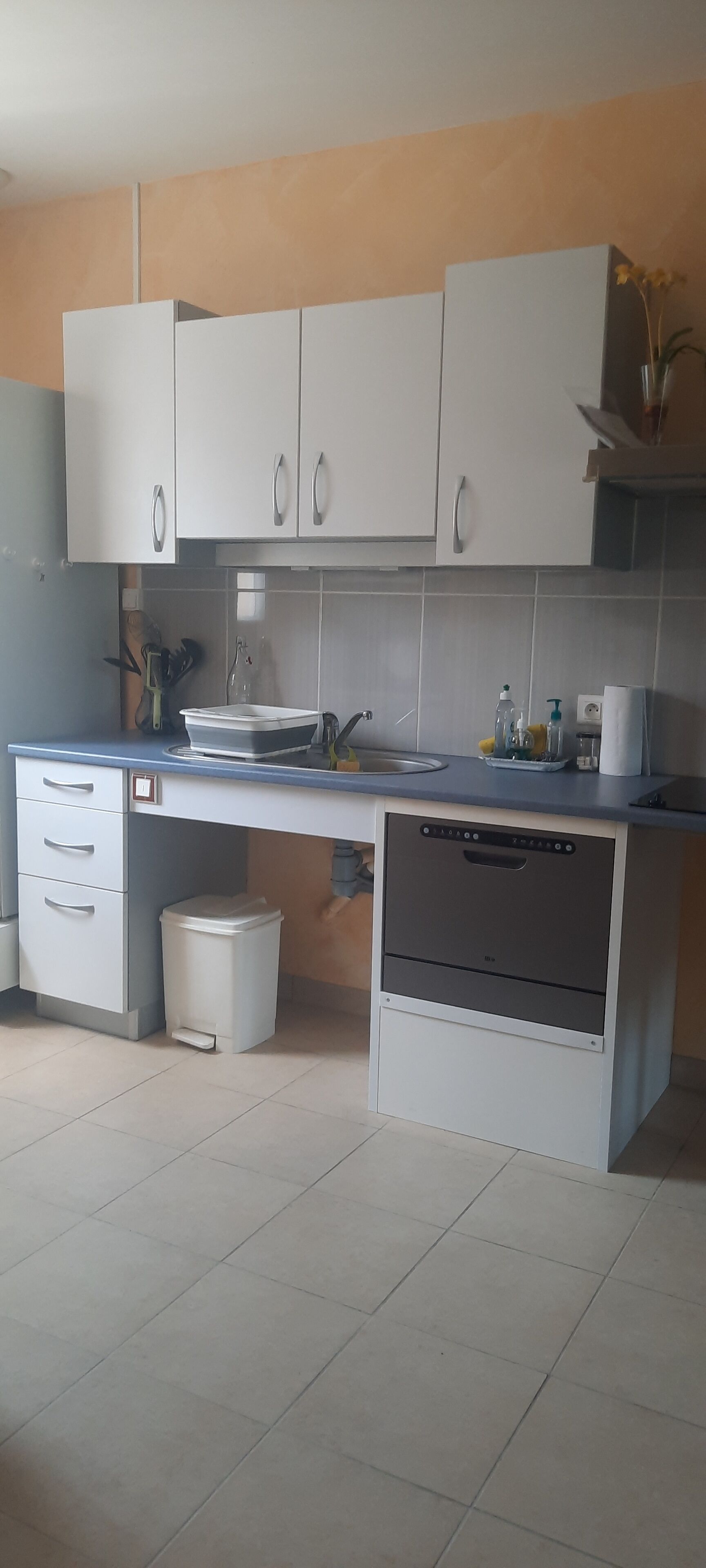 Een moderne keuken met witte kasten, een vaatwasser en een aanrecht met diverse spullen.