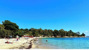 A beach with clear blue water, sandy shore, and dense green trees in the background. - Le Clos Ferté villa in Le Lavandou (Le Lavandou)