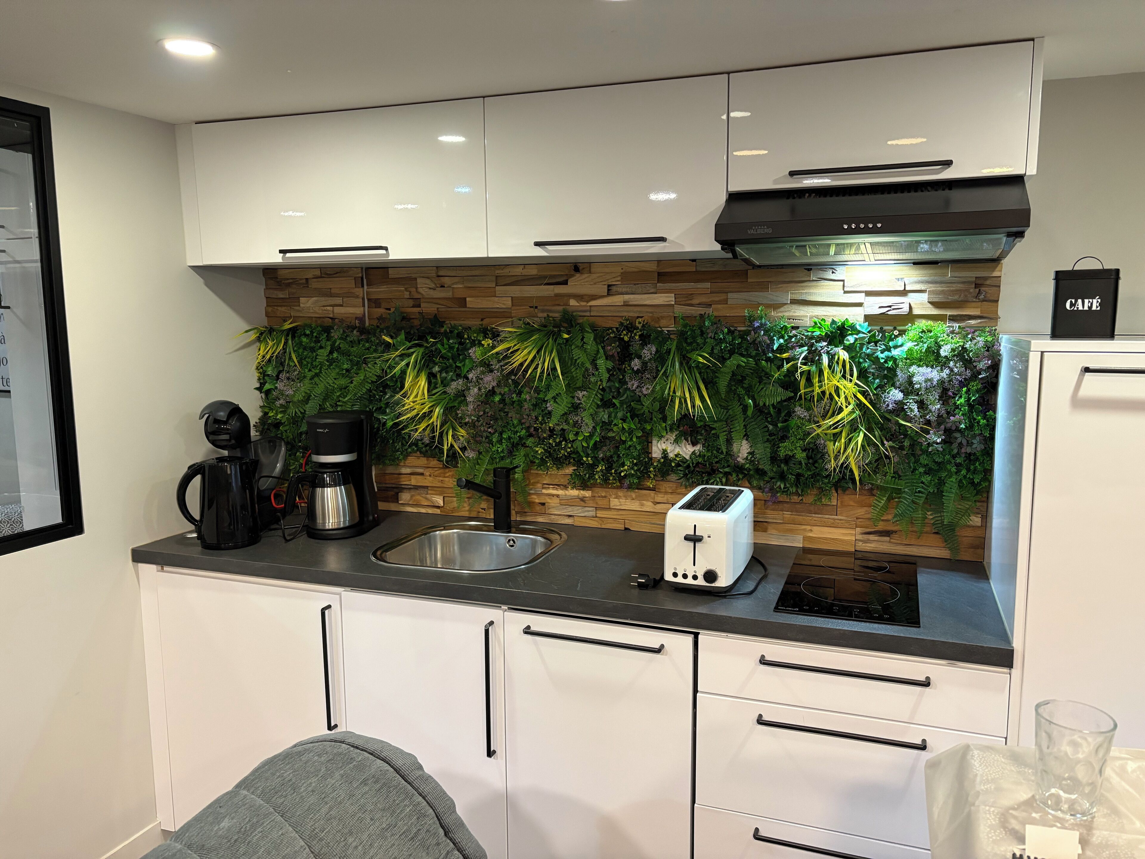 Een microgolfoven, een oven, een kookplaat, een vaatwasser