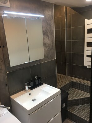 Sèche-cheveux, serviettes fournies, savon, papier toilette