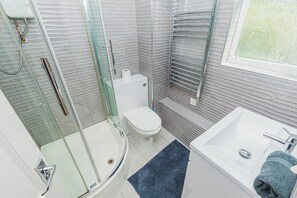 Hair dryer, towels, soap, toilet paper