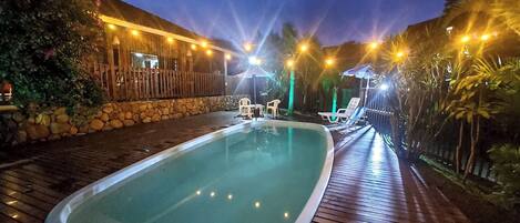 Outdoor pool, pool umbrellas, pool loungers