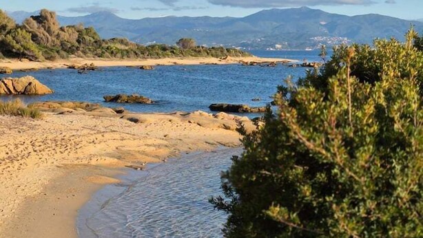 A coastal landscape with a sandy beach, calm waters, and distant mountains. - "A Punta Lisa" – Seaside 1BR | by Efficios (Ajaccio)