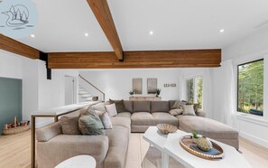 Smart TV, fireplace, books