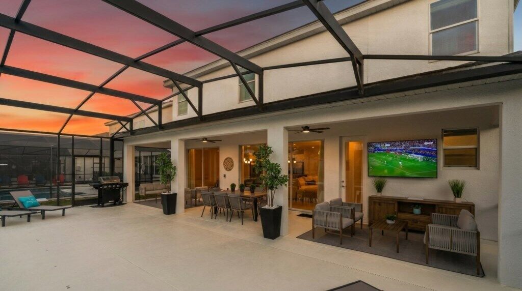 A spacious indoor area with a glass ceiling, a television, seating arrangements, and a pool.