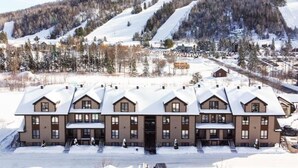 Een hotel met meerdere verdiepingen, een symmetrische gevel, grote ramen en een sneeuwbedekt dak.