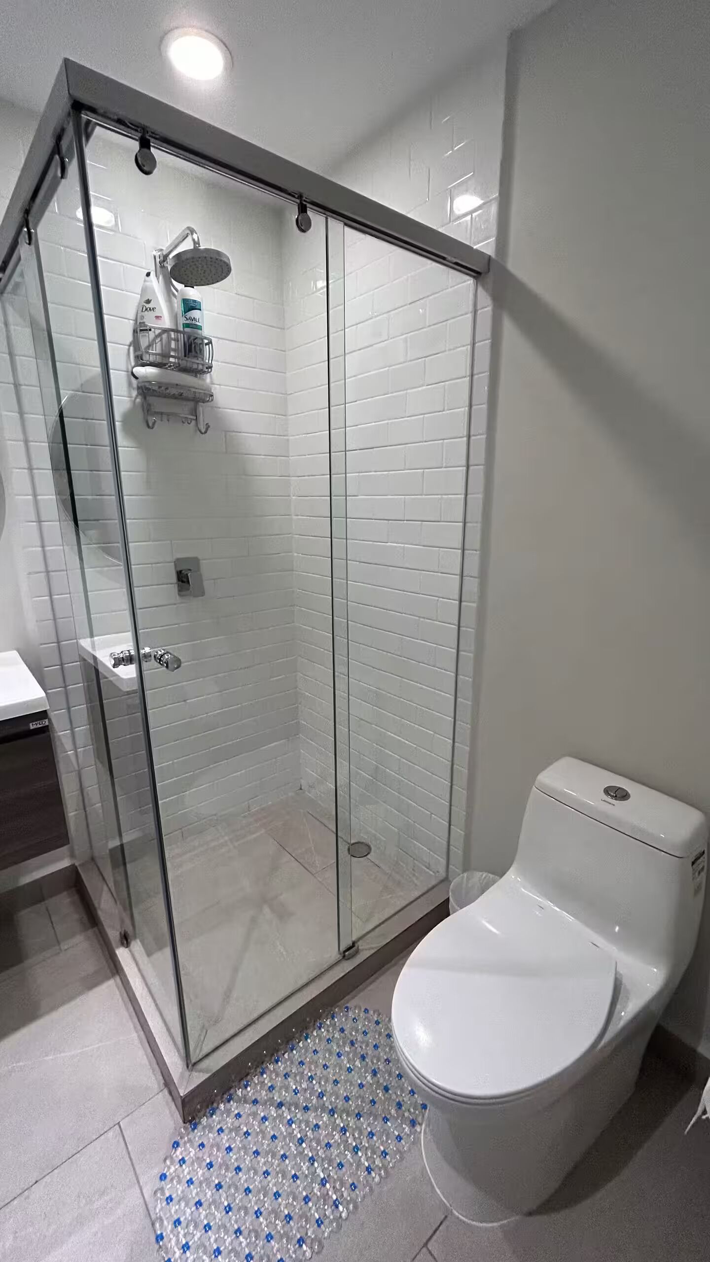 A modern bathroom with a glass-enclosed shower, a white toilet, and a tiled floor.