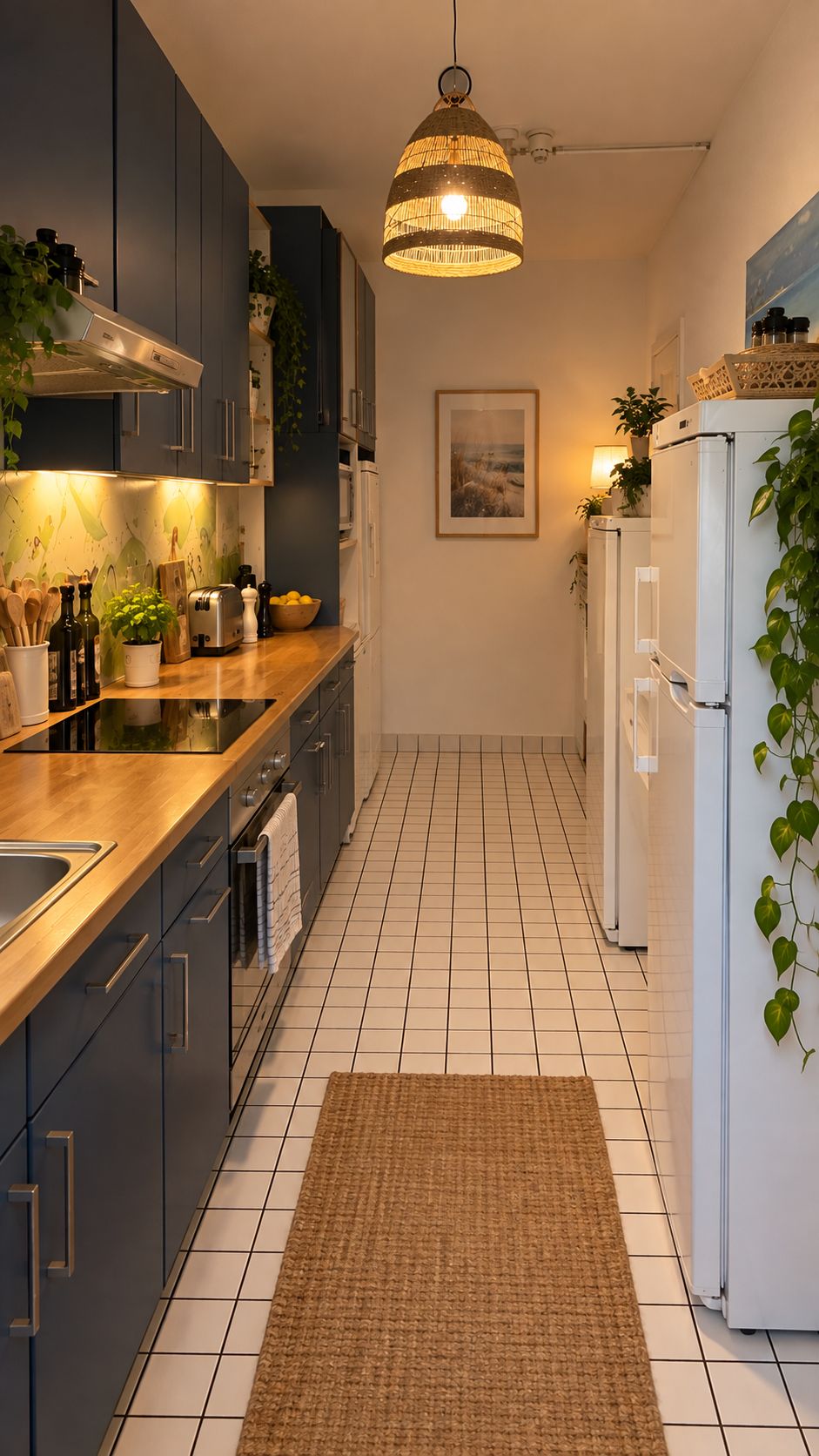 A modern kitchen with dark cabinets, a wooden countertop, a hanging light fixture, and a tiled floor.