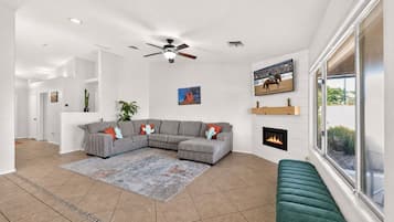 Smart TV, fireplace, video games, books