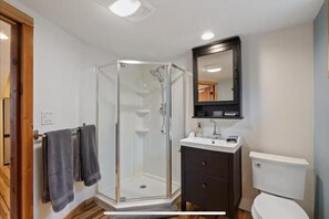 Regadera, secadora de cabello, toallas, jabón 