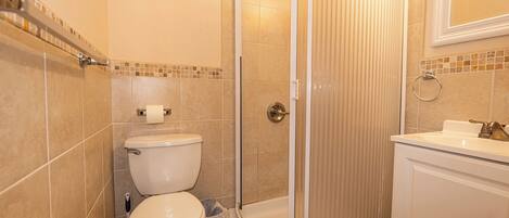 Shower, hair dryer, towels, soap