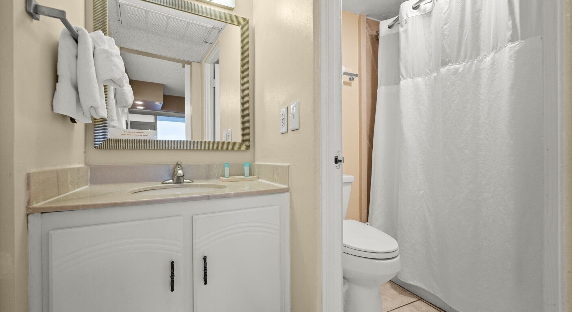 A bathroom with a sink, mirror, and toilet.