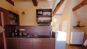 A compact kitchen with wooden cabinets, a built-in microwave, and a sink. - Studio 6 - Träumerei - Quiet studio in the count's forester's lodge (Temmen-Ringenwalde)