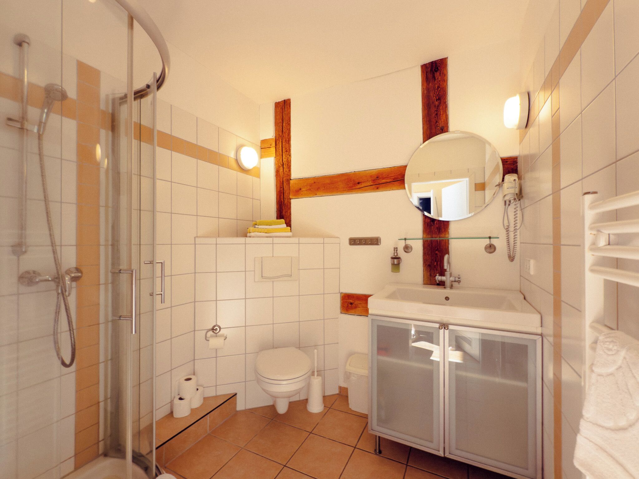 A bathroom with a glass shower enclosure, a toilet, a sink with a mirror, and a towel rack.