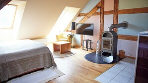 A bedroom with a bed, a TV, a fireplace, and a window. - Studio 6 - Träumerei - Quiet studio in the count's forester's lodge (Temmen-Ringenwalde)