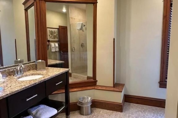 Shower, rainfall showerhead, free toiletries, hair dryer