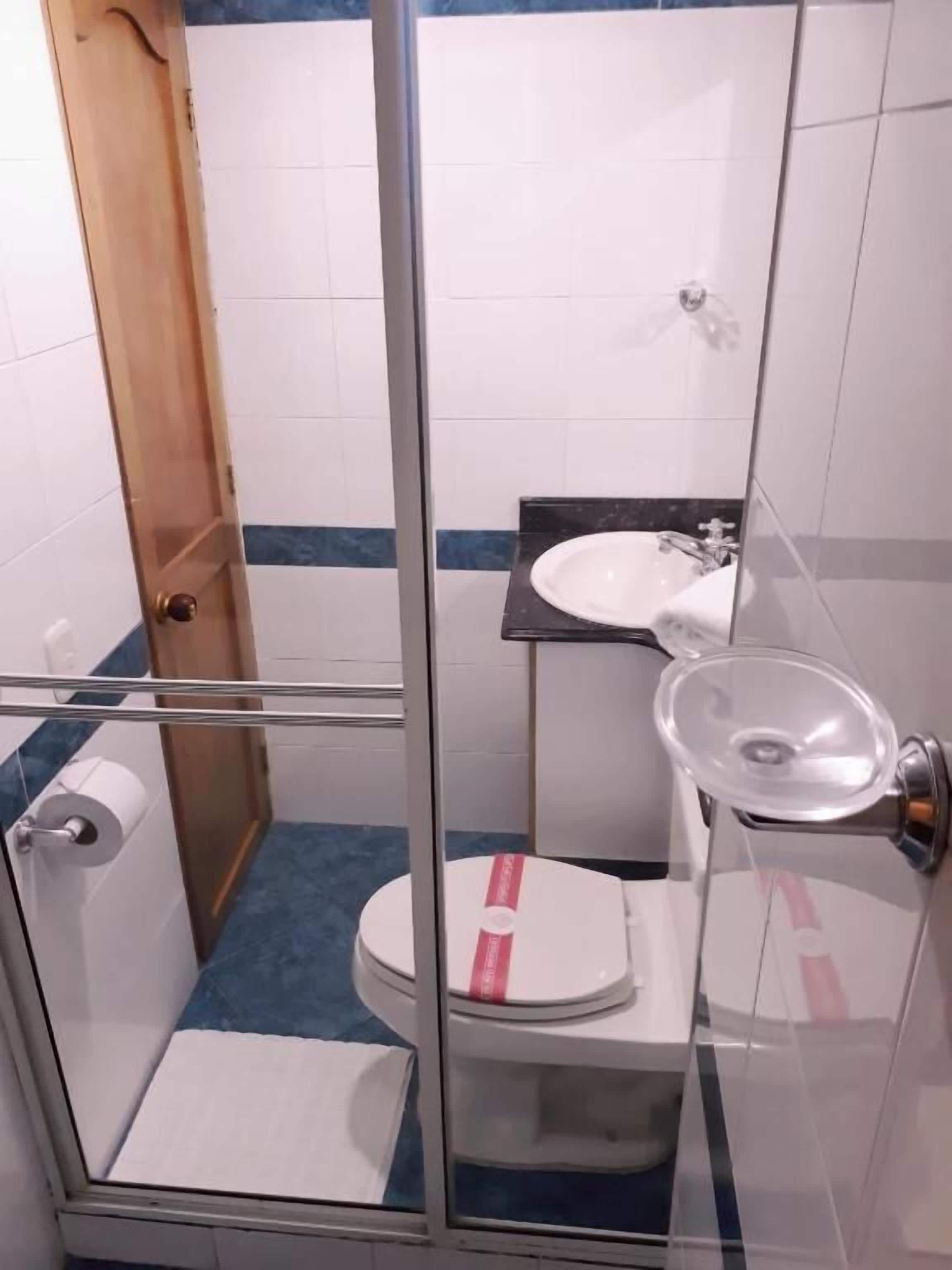 Un baño pequeño con inodoro, lavamanos y cabina de ducha.