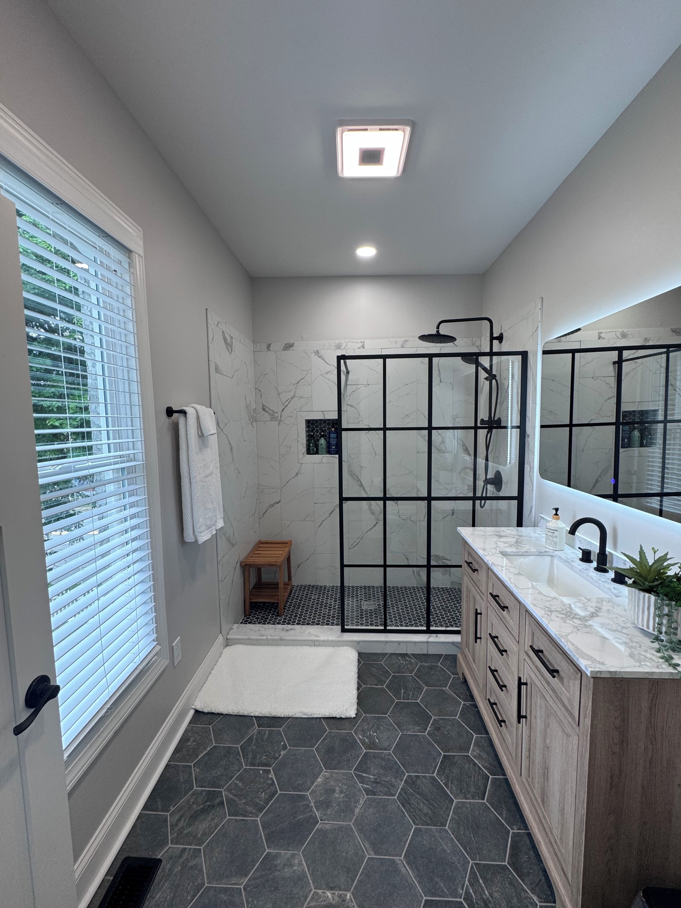 Shower, towels, soap, toilet paper