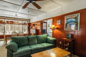 Televisie, een open haard, boeken en een filmbibliotheek