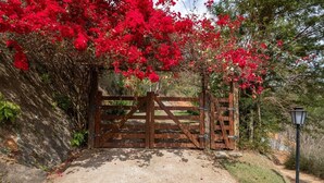 A gated entrance with a concrete path leading through it, surrounded by lush greenery and red flowering plants. - Casa com fogão a lenha para 7 | Vale das Videiras (Itaipava, Petropolis)