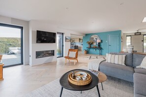 Smart TV, chimenea, libros y biblioteca musical 