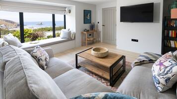 Una Smart TV, una chimenea, libros, una biblioteca de música