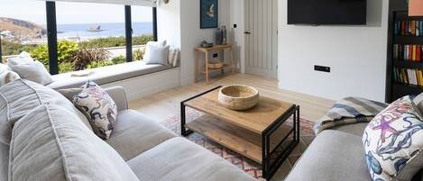 TV connectée, cheminée, livres, médiathèque