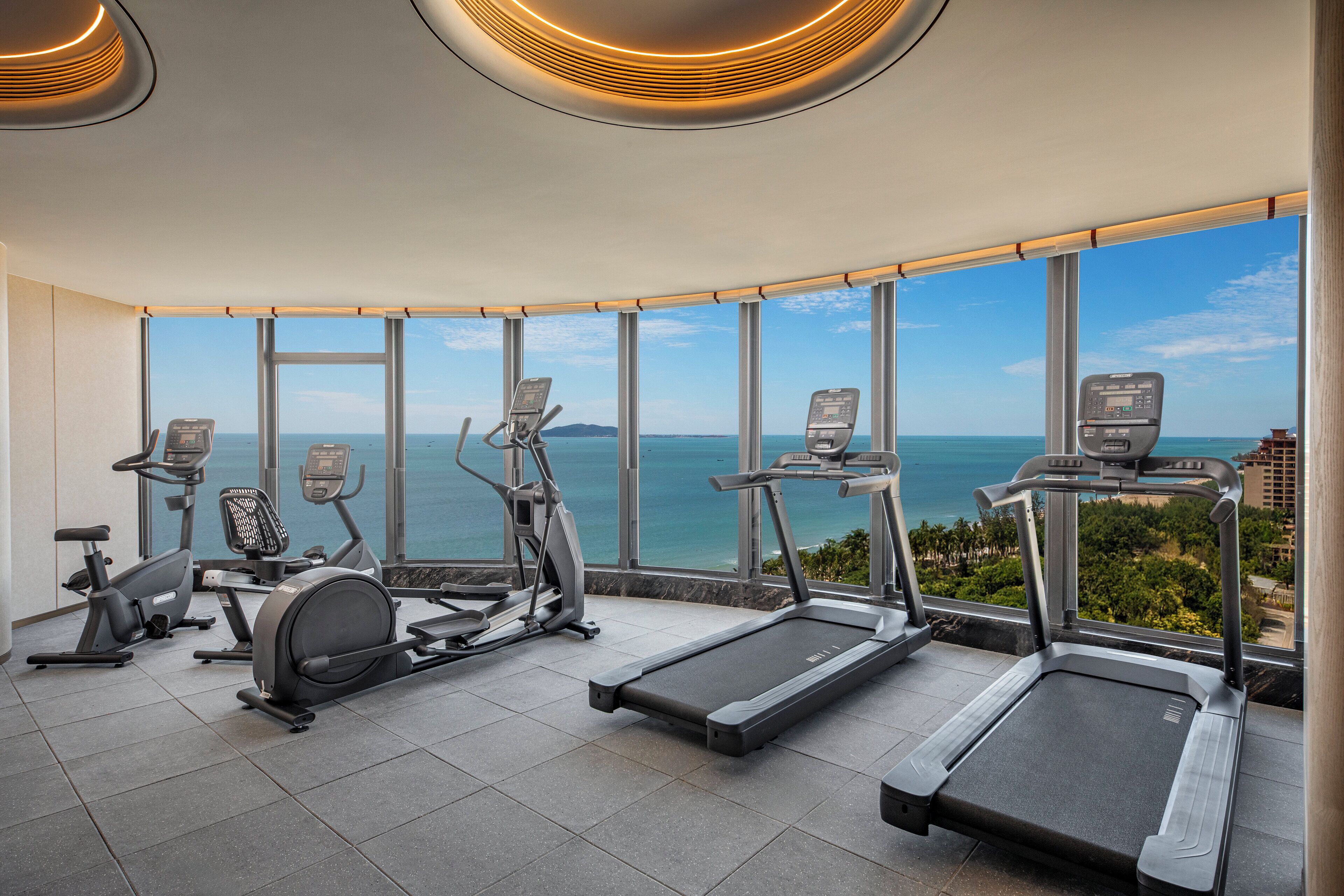 Een fitnessruimte met loopbanden, elliptische trainers en een hometrainer, met uitzicht op een schilderachtig zeegezicht.
