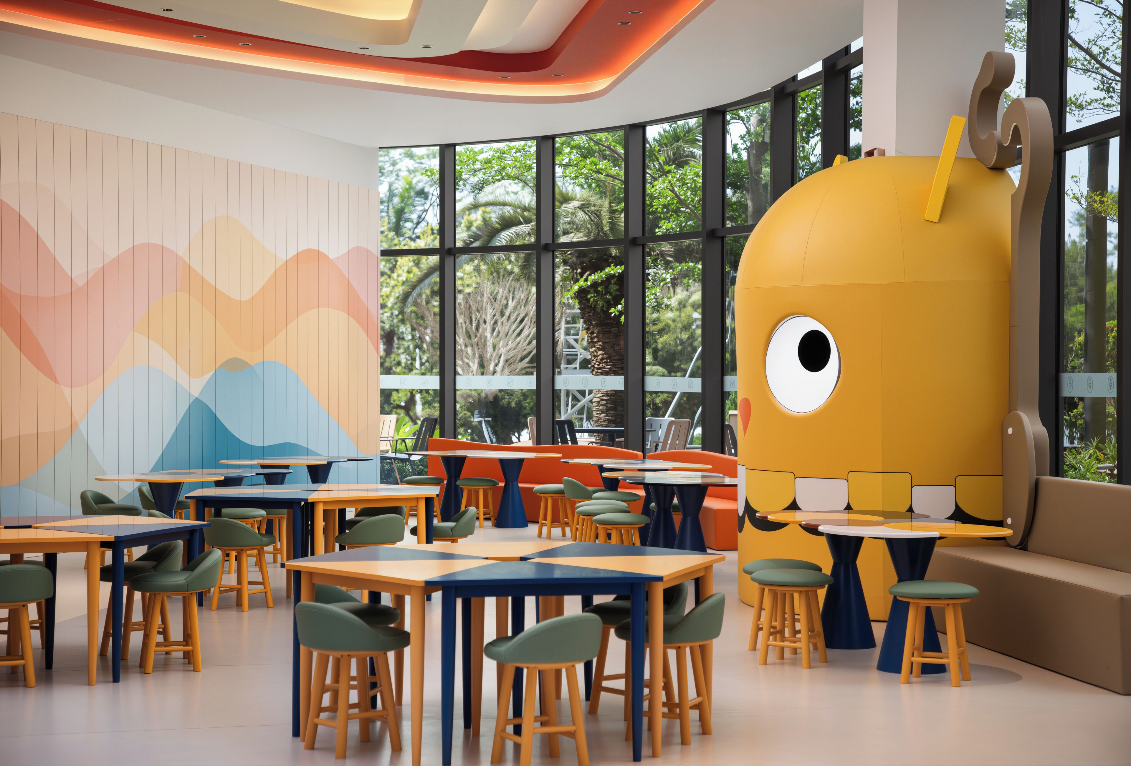 A modern interior with tables and chairs arranged in a casual setting, large windows, and a unique yellow sculpture.