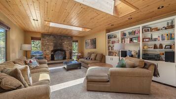 Smart TV, chimenea, reproductor de DVD y libros