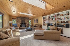 Smart TV, chimenea, reproductor de DVD y libros 